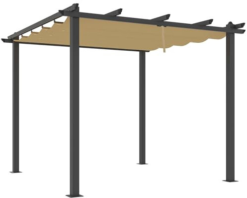 Outsunny 3 x 3(m) Pergola with Retractable Roof, Aluminium Frame Garden Gazebo Canopy Outdoor Sun Shade Shelter for Grill, Patio, Deck, Khaki