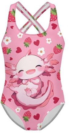 Jeiento Adorable Axolotl Swimwear for Kids Cartoon Girls One Piece Swimsuit Breathable Soft Athletic Gymnastics Sleeveless Swimming Clothing Years11-12