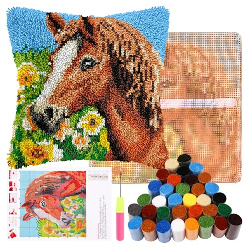 Latch Hook Cushion Kits Latch Hook Cushion Set for Children or Beginners Adults DIY Latch Hook Cushion Cover Carpet Embroidery Set DIY Latch Hook Hook Pack for Home Sofa Decor 43 x 43 cm (Horse)