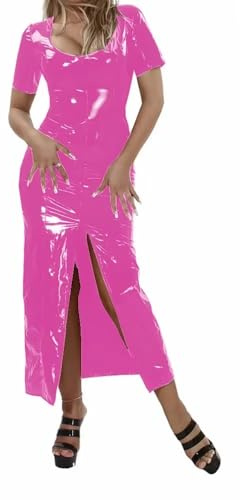 ERFSQIYALHJ Sexy Sheath Ankle-Length Dress Wetlook PVC Faux Latex Dress Front Zipper Split Long Dresses (5XL,Pink)