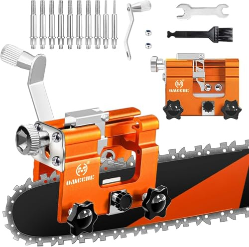 OMCCHK Universal Chainsaw Sharpener Jig with Guide, Portable Chain Saw Sharpener Tool with 10 Sharpening Shanks, Mini Hand Crank Chainsaw Sharpening Kit for 4-22 Electric Chain Saw