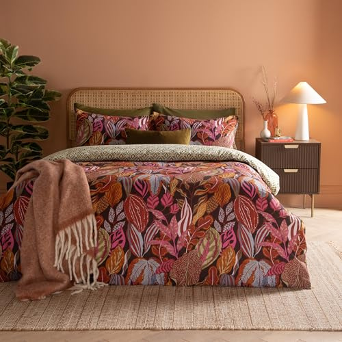 furn. Set copripiumino Utopia – Set di biancheria da letto reversibile in misto cotone con motivo geometrico a foglie tropicali (Bagliore di rame - King)