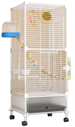 38 Inch Grande Gabbia Voliera Per Uccelli Pappagalli Con Ruote, Doppio Strato Canarini Voliera Per Uccelli Con Vassoio, Interieur Gabbia Uccelli Per Perroquets(White iron netting)