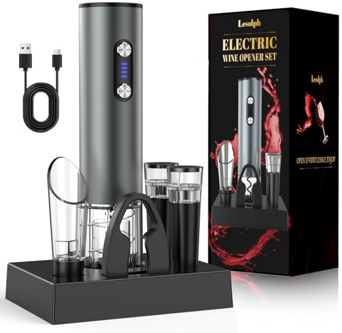 Sacacorchos eléctrico recargable inox, abridor de vino electrico saca rolhas regalos para hombre mujere abrebotellas con vertedor aireador, 2 tapón vino al vacío, cortador láminas y cable USB
