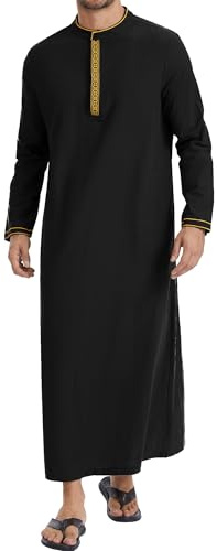 YAOHUOLE Thobe for Men Cotton Linen Long Sleeve Muslim Kaftan Robe with Stand Collar and Pockets