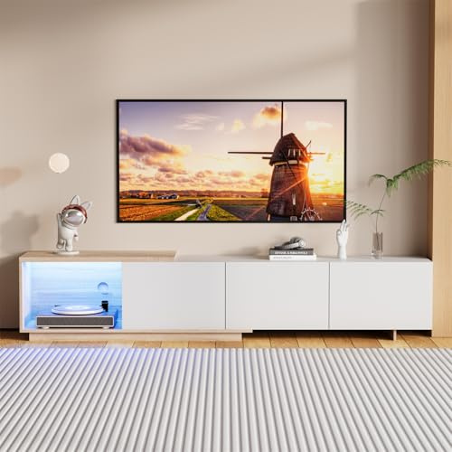 ZSSWSS Utdragbart TV-skåp, TV-bänk 240 cm, LED-TV-bänk för vardagsrum, modern TV-bänk i trä med 3 lådor, underskåp för vardagsrum, vit