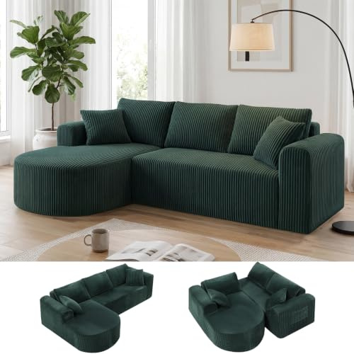 COMHOMA Hörnsoffa med sovfunktion, 263 cm, Corduroy, modulär boneless soffa med schäslong, L-formad bäddsoffa, sektionssoffa med kuddar och sidofickor, soffa för vardagsrum, ingen montering, grön