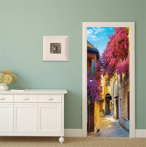 FLFK 3D Small Town Door Stickers Peel and Stick - Removable Waterproof Door Murals Wallpaper Wall Decals for Home Decor 30.3x78.7