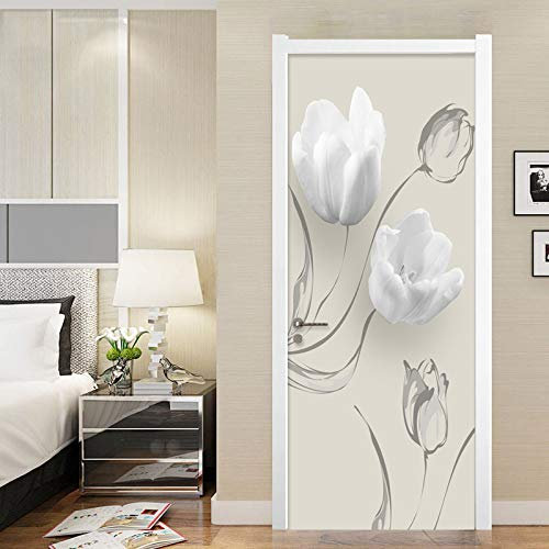 ZHANGXYD Poster per Porte 3D Adesivo per Porta Bellissimo Fiore Bianco 80x210cm Autoadesivo per Home Decor Impermeabile Wall Murale per Soggiorno Camera da Letto Cucina Sfondo Adesivi Poster