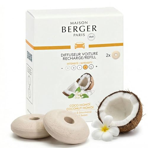 MAISON BERGER – Recharge Diffuseur Voiture Coco Monoï, Lot de 2 Recharges Céramique, Diffusion Passive 4 à 6 Semaines, Notes Coco-Vanille, Fabriqué en France