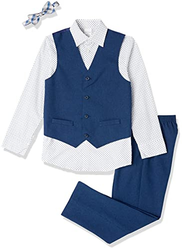 Van Heusen Boys 4-piece Formal Dress Up Vest Set, Pants, Collared Shirt, and Tie Business Suit Set, Blue Jean, 10 US