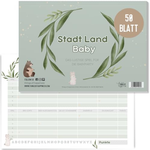 Things of Happiness Stadt, Land, Fluss Kultspiel Sonderedition Babyparty Junggesellinnenabschied JGA Frauenabend Mädelsabend Quiz Ratespiel (Babyparty Eucalyptus Grün)
