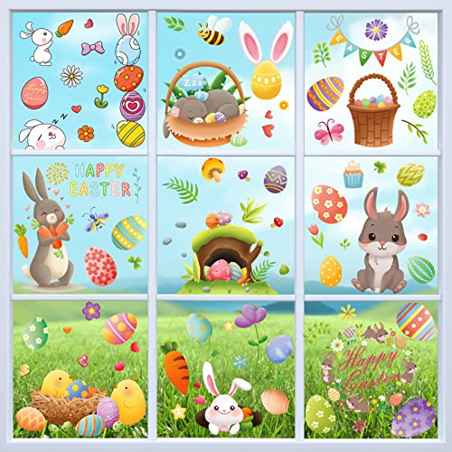 Hianjoo 160 Pièces 9 Feuilles Décorations de Pâques Autocollants, Lapins, Poulet, Papillon, Carotte, Fleur, Oeuf de Pâques, Fenetre Autocollants en Verre pour Le Jour de Pâques