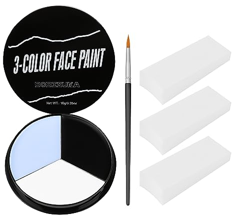 BOBISUKA Pittura per Viso Nero Bianco Grigio + 3 Spugne + 1 Pennello, Trucco Teatrale, Body Painting per Halloween, Carnevale, Scheletri, Effetti Speciali