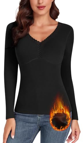 WOWENY débardeur Femme avec Dentelle Thermique sans Manches Hiver Chemise Thermique col en v Chaud Gilet Maillot de U14caraco,Blanc,L