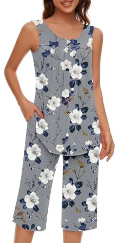 Keepink Women's Capri Pajama Set 2 Piece Loungewear Floral Print Sleeveless Vest Tops with Cropped Pant Cotton Sleepwear Comfy Nightwear Leisure Summer Outfits Tracksuits UK