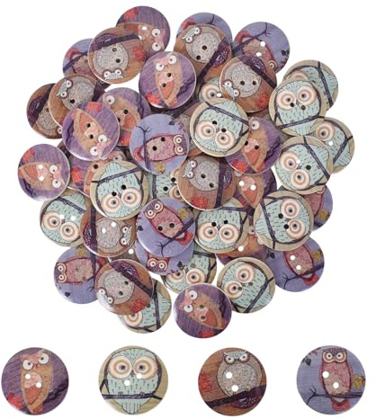 50 Botones de Madera Premium, Botones con Diseño Buho, Botones Hechos a Mano, Set Botones Costura 30 mm, Redondos, para Coser, Tejer, Manualidades