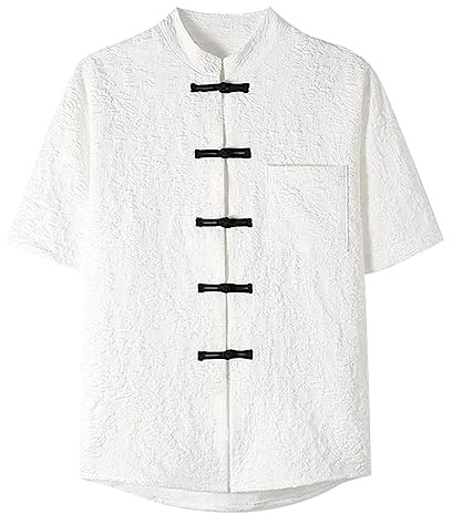 Camicia da uomo in stile cinese tang, elegante, vestibilità larga, a maniche corte, con colletto alla coreana, tradizionale, con nodo cinese, comoda tunica per abbigliamento casual quotidiano, bianco,