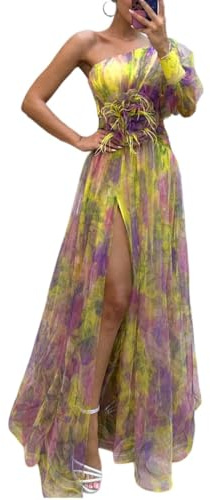 Vestido largo de un hombro para mujer – Vestido largo de verano elegante con diseño tie dye, malla, capas y aberturas, con nudo de flores y diseño plisado para noche, playa, cóctel y boda, Amarillo, L