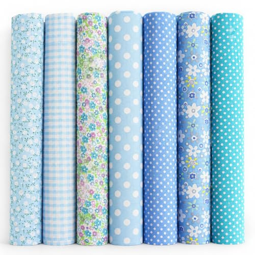 EXGOING 7pcs Fat Quarters Fabric Bundles, 20x20in (50x50cm) Precut Cotton Quilting Fabric Squares for Sewing, Patchwork & DIY Crafts, Floral Easter Material for Bags & Home Décor (Blue)