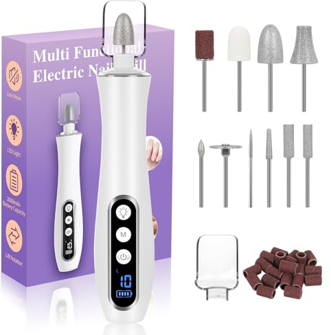 Cordless Electric Nail Drill Machine, 10 Speeds Electric Nail File with 360° Led Light and LCD Display, 2000mah Professional Nail Files Electric Nail Drill for Acrylic and Gel Nails, Thick Toe Nails