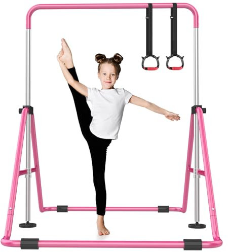 Nimsqury Barre de gymnastique pliable avec 5 hauteurs réglables pour enfants à la maison, robuste et stable pour une utilisation en intérieur/extérieur, limite de poids de 63,5 kg (rose)