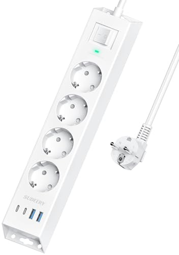 Mehrfachsteckdose 4 Fach für Steckdose mit USB C, 8 in 1 Steckdosenleiste Wandmontage mit Schalter und 2m Kabel, Mehrfachstecker Verteilersteckdose mit Überspannungsschutz für Büro, Küche (Weiß)
