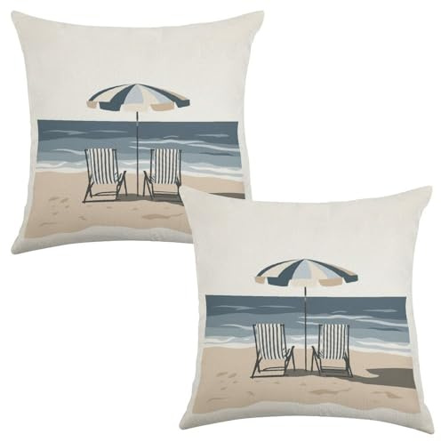 Striped Beach Chair and Beach Umbrella Pillow Covers Set of 2 Throw Linen Cushion Case for Couch Sofa Home Farmhouse