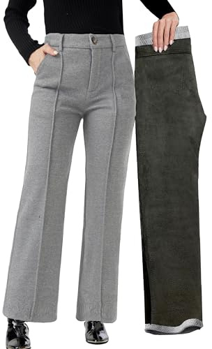 Fakanhui Pantalones térmicos de invierno para mujer, mezcla de lana, tweed, pierna ancha, forro polar, pantalones casuales de negocios, Luz, X-Large