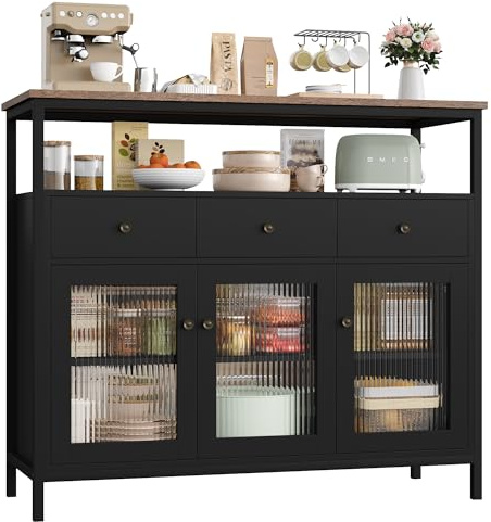 FirFurd Sideboard Küchenschrank mit Arbeitsplatte ＆3 Schubladen＆3 Glastüren, Buffetschrank Kommode Kaffeebar Mehrzweckschrank, Sideboard für Wohnzimmer Küche Esszimmer 108 x 38 x 98,5 cm schwarz