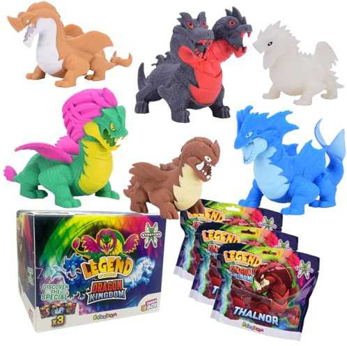 #sbabam Legend of Animals Dragon Kingdom, Set 3 Draghi Collezionabili Morbidi, Allungabili con Dettagli Fantastici, Giocattoli per Bambini 3+ Anni
