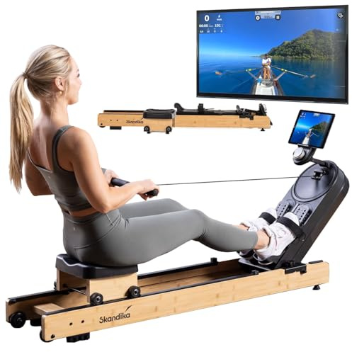 Skandika Rudergerät Rovek | Rudermaschine Holz, Rudergerät für Zuhause klappbar, Magnetwiderstand mit 32 Stufen, Kinomap App kompatibel, aufstellbar, bis 195 cm (Hellbraun)