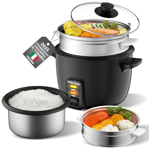 Cuociriso, cuociriso da 2 litri con vaporiera, cuociriso con pentola interna antiaderente, prepara zuppe, stufati, cereali, funzione di mantenimento in caldo (nero B)