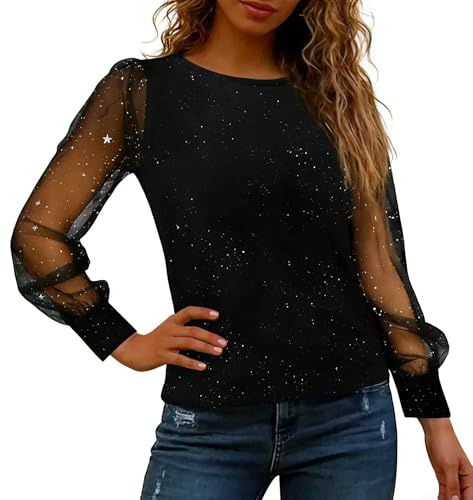 CUVZORA Tops de lentejuelas para mujer, top elegante y sexy, ideal para ocasiones especiales, camisa de manga larga para fiestas de fin de año o ropa casual