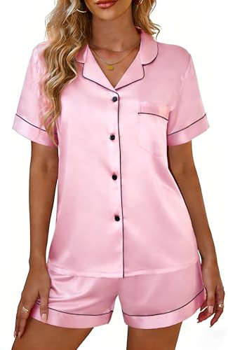 Amiernap Pyjamas for Womens Silk Satin Short Sleeve Button Down Pyjama Two Piece Sleepwear Bride Pjs Sets Soft Loungewear