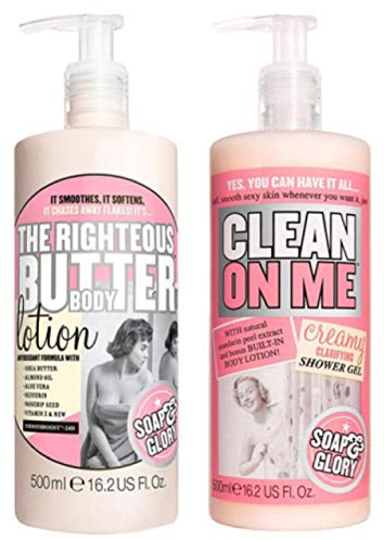 Soap and Glory The Righteous Body Butter Lotion Bundled with Clean on Me Creamy Clarifying Shower Gel 500 millilitre Hand Pumps