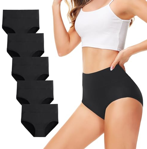 TUUHAW Unterhosen Damen Unterwäsche 5er Pack Slip Miederhose Baumwolle Hoher Taille Atmungsaktive SCHWARZ L