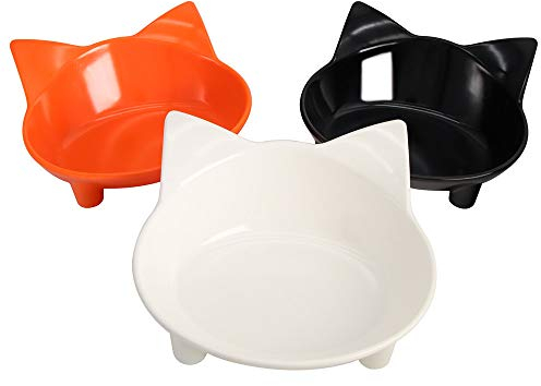 SLSON 3 Pack Cat Feeding Bowls, 8 Ounce Shallow Cat Water and Food Bowl with Non Slip Rubber for Relief of Whisker Cats, Black and White and Orange