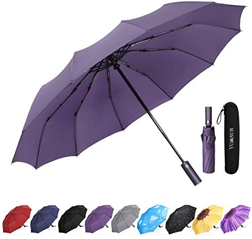 Parapluie Pliant, Parapluie Coupe-Vent & Ultra-léger, Ouverture et Fermeture Automatique, Parapluie Compact Incassable 12 Baleines pour Homme Femme Voyage avec Sac d'absorption
