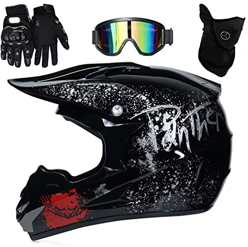 UIGJIOG Motocross Helm mit Brillen Maske Handschuhe, Herren Damen Motorrad-Helm Off-Road Downhill-Enduro-Helm-ATV-MTB-BMX Dirt Bikes Quad Motorräder Full-Face Schutz-Helm,H,M(54~55cm)
