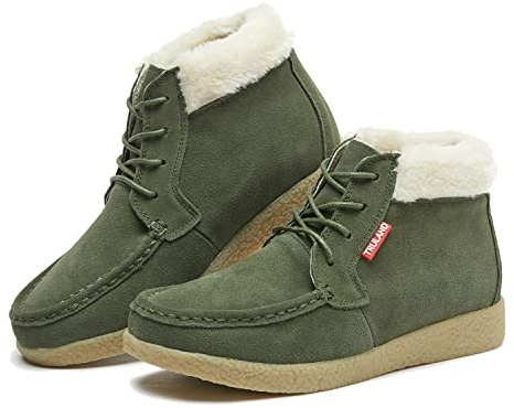 TRULAND Women’s Winter Boots – Suede Leather Fur Lined Water Resistant Ankle Boots (5.5 D(M) US,Olive Green + Fur)