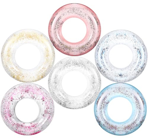 Zhanmai 6 Pcs Glitter Pool Floats Inflatable Pool Tube Transparent Swimming Ring Bachelorette Party Floatie Colorful Disco Inner Tube for Adults, Bride Wedding Engagement Beach Party Favors