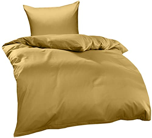Bettwaesche-mit-Stil Mako Interlock Jersey Bettwäsche Garnitur Uni/enfarbig 100% Baumwolle 155x220 + 80x80, Gold