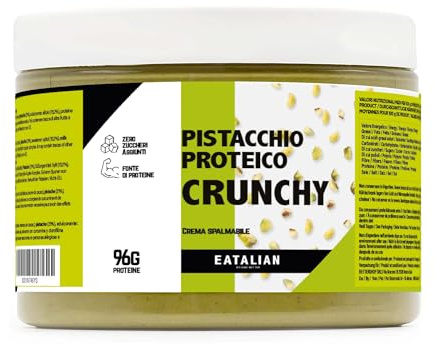 EATALIAN by AMZ BETTER Crema Proteica al Pistacchio CRUNCHY 500 gr, Crema Spalmabile con Granella di Pistacchio, Gusto Dolce, Ideale sul Pane, per Farcire Dolci, Dubai Chocolate, Made in Italy