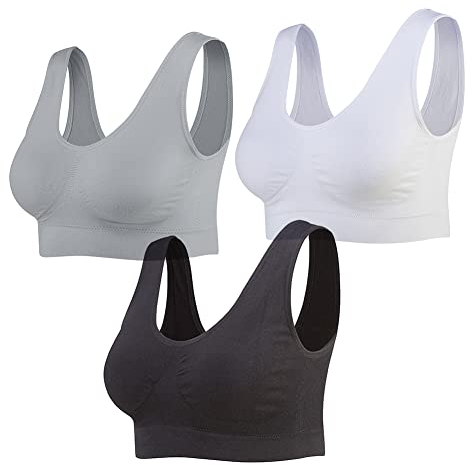 Lemef 3-Pack Seamless Sports Bra Wirefree Yoga Bra with Removable Pads for Women (4X-Large, Black&White&Grey)