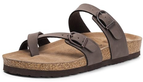 FITORY Women's Slide Sandals with Soft Cork Footbed, Comfort Arch Support Flat Sandals for Summer Brown Size 8
