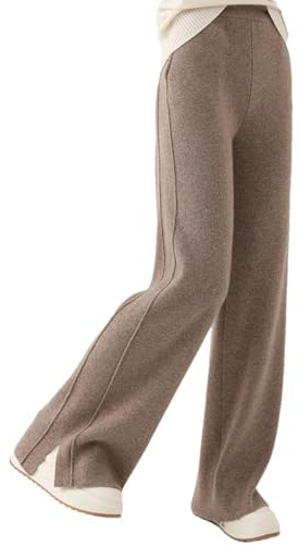 Pantaloni a gamba larga da donna con spacco sulla gamba, pantaloni in maglia di lana a vita alta tinta unita, pantaloni morbidi e caldi, Marrone e grigio., M