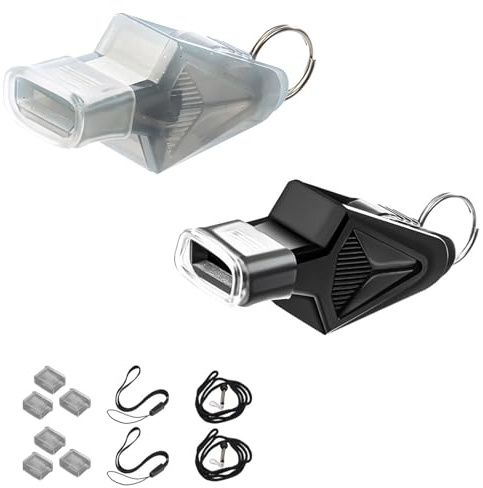 Starvway Sports referee whistle, 2-piece set of triangular shaped bean free plastic whistle with rubber mouthguard and lanyard (black, gray)