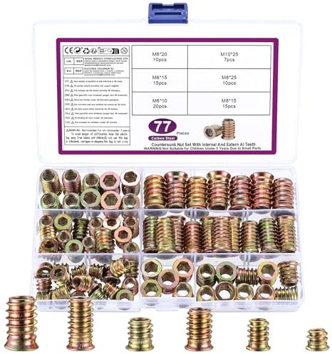 77 Stk Gewindeeinsatz Holz, M6 M8 M10 Einschraubmutter Holz, Gewindeeinsätze Set, Einschraubmuffen, Einschraubmuttern Gewindebuchse, Gewindehülsen Innensechskant Mutter für Holzmöbel Einschlagmuttern