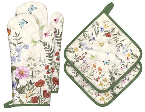 Arquiel Guanti Da Forno Presina Set Di 4, 100% Cotone Addensare Guanti Da Forno A Microonde, Presine Da Cucina Morbida Resistenti Al Calore Per Arrostire, Cuocere(Fiori E Piante Retrò)